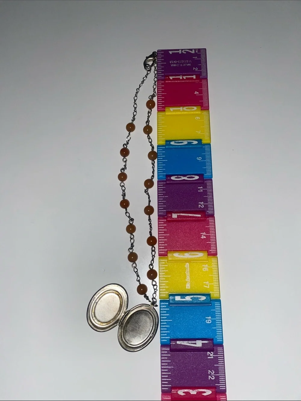 Vintage Silver Locket Necklace with Green Stone and Amber Beads